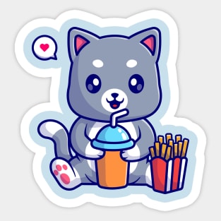 Cute Cat Drink Soda And Eating French Fries Cartoon Sticker